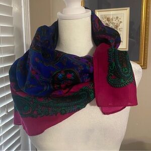 VTG Challis By Berkshire Paisley Scarf 30" Blue Magenta Green Baroque Print